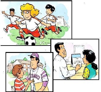 Tre børn spiller fodbold. Pigen taler til sundhedsplejerske. Boy taler til coach. Tre børn spiller fodbold. Pigen taler til sundhedsplejerske. Boy taler til coach.